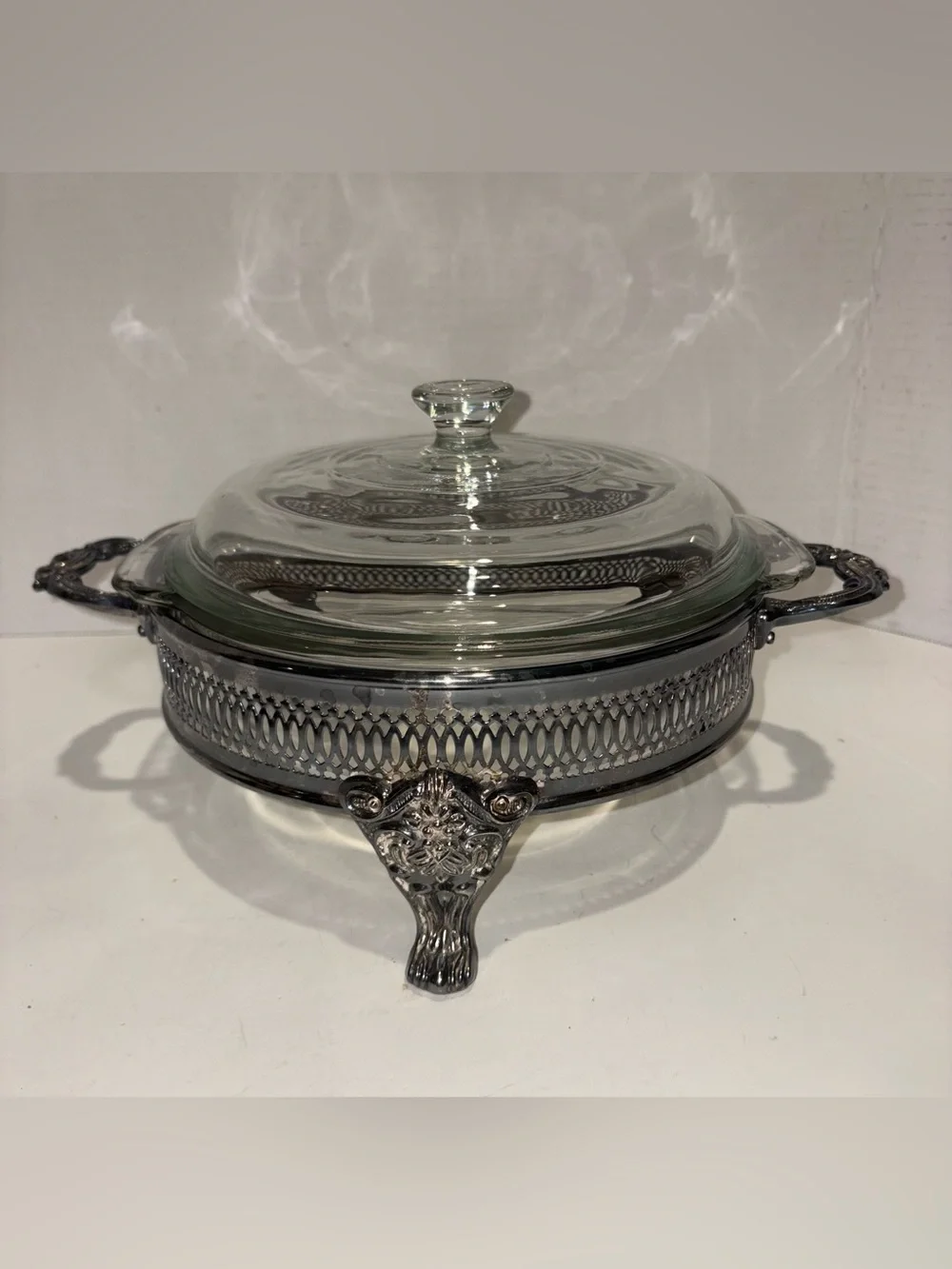 Leonard Vintage Glass Covered Serving Dish with Silver Filigree Stand